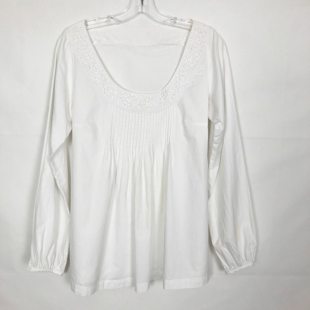 Peasant Boho Chic Top Womens M Embroidered Pin Tuck Beachy Coastal Puff Sleeves
